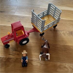 Vintage Fisher Price 1980 Husky Helper Farm Set Tractor, Wagon, Bull & Farmer